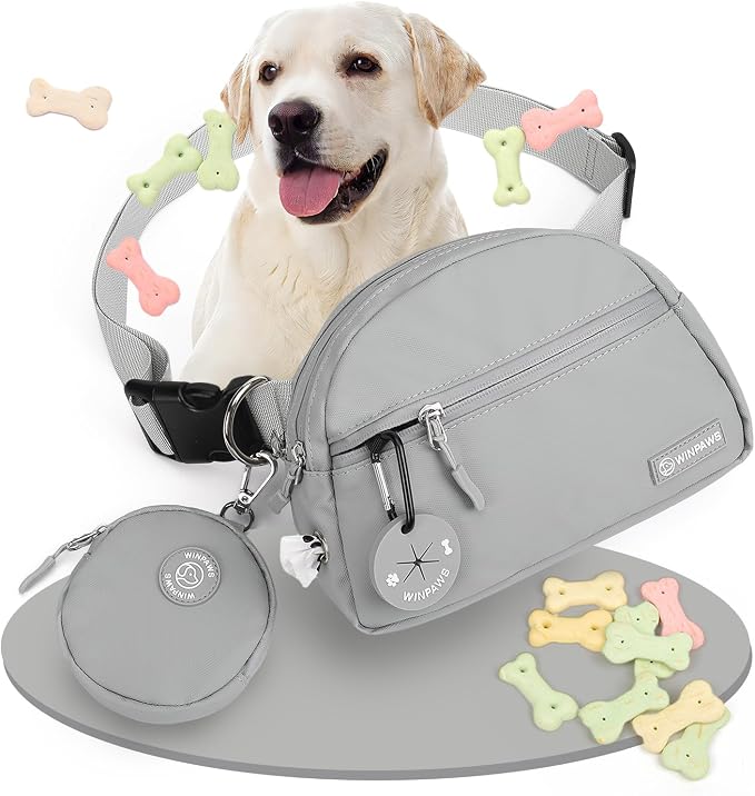 Dog Treat Pouch Pet Training Walking Fanny Pack with Built-in Poop Bag Dispenser & Waste Bag Holder | Stylish Puppy Training Essentials Supplies | Free Dog Clicker (Grey)