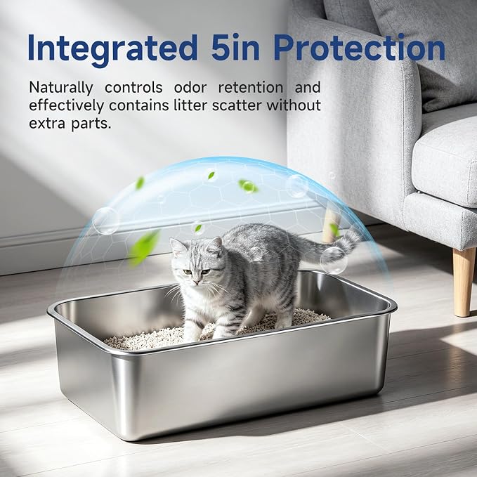 Stainless Steel Cat Litter Box with High Sides, Large Metal Litterbox Pan, Odor-Free & Non-Stick Smooth Surface, Leakproof One-Piece Kitty Litter Tray for Indoor Cats, Kittens, Medium (M Size)