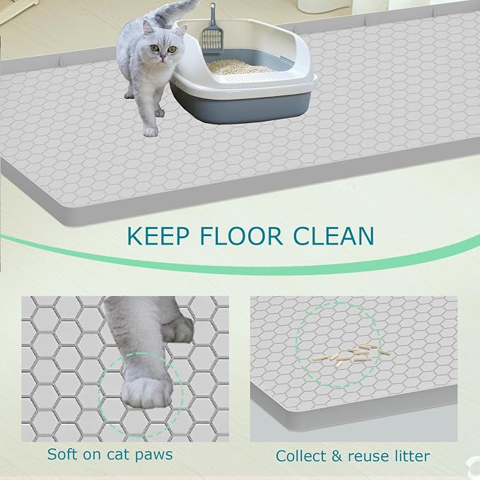 Cat Litter Mat for Litter Box, Silicone Large Cat Litter Trapping Mat - 37x22 in, Waterproof & Non-Slip, Durable & Easy Clean, Light Grey