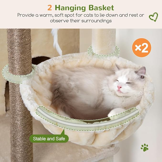 Globlazer Cat Tree Tower for Indoor Cats, Sturdy Adult Cat Tree House for Large Adult Cats with 2 Platform, 6 Cat Scratching Post, 2 Cat Caves, Dangling Toys, S63, 63 inch, Beige
