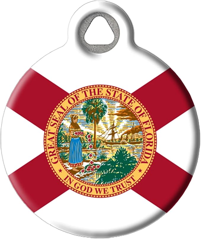 Flag of Florida Personalized Pet ID Tag for Dogs and Cats, Silent Polymer Coated Stainless Steel Floridian Nametag with Customized Identification Information - Small .875" Diameter