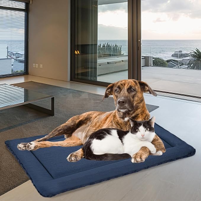 EMPSIGN Dog Crate Pad for 54"x37" Dog Crate, Plush/Canvas Navy | Reversible Kennel Mat (Cool & Warm), Machine Washable, Cozy Plush Sleeping Pad, All-Season Pet Bed