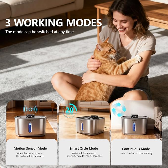 Automatic Cat Water Fountain, Wireless Pet Water Fountain Stainless Steel, Ultra Quiet Pump, Motion Sensor, Easy to Clean, USB Rechargeable, 3.2L/108oz for Multiple Cats & Small Dogs