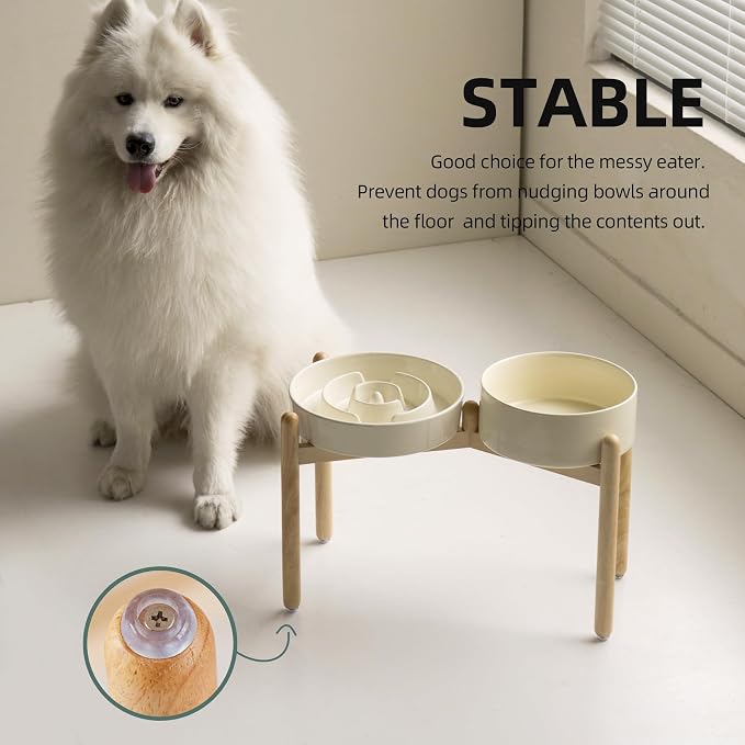 Havniva 9.5” Raised Slow Feeder Dog Bowls Set, 3.2 Cups Ceramic Slow Feeder Dog Bowl and 8.2” Dog Water Bowl with Elevated Wooden Stand Puzzle Dog Food Bowl for Large Dogs Anti-Gulping & Anti-Choking