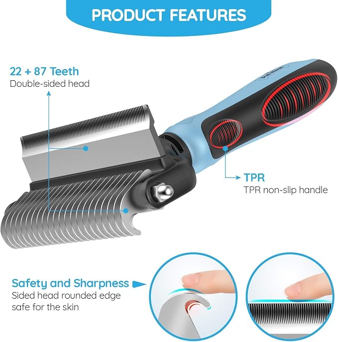 Pet Grooming Tool, 2 Sided Cat and Dog Brush for Shedding, Dual Head Comb | Deshedding Brush and Dematting Rake, Gentle Long Short Hair Detangler for Undercoat, Loose Fur Coat Remover, Ergonomic Grip