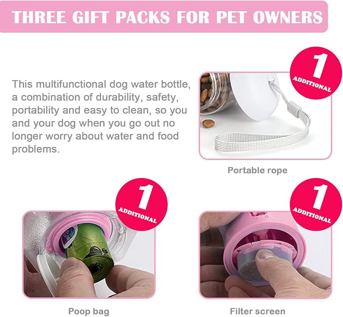 3-in-1 Portable Dog Water Bottle Dispenser,Crate with Food Container, Replaceable Waste Bags,Dog Stuff Accessories Items, Puppy Essentials Necessities,for Walking&Hiking (20oz-Pink)