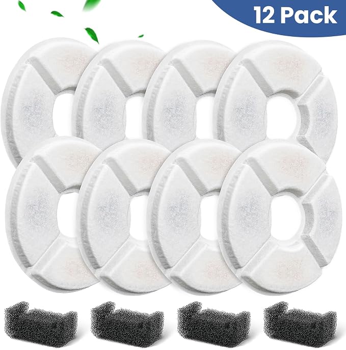 12 Pack Cat Water Fountain Filter, 8 Pcs Cat Fountain Filters Replacement Dia is 5" & 4 Pcs Pre-Filter Sponges for 81oz / 2.4L Round Automatic Pet Water Fountain Dog Dispenser, 3-Filtration System