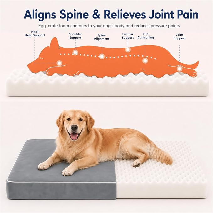Orthopedic Dog Mat, 100% Waterproof 28D Foam Bed, Washable | High-density egg-crate foam, Short Plush, Sherpa Fleece, Orthopedic Joint Support, Machine Washable