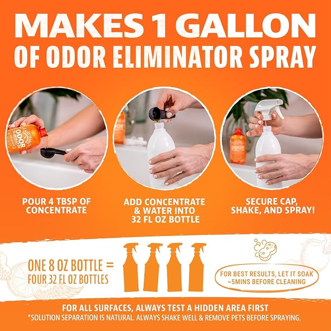 Angry Orange Pet Odor Eliminator 8 oz. bottle- Industrial Strength Pet Odor Remover - Makes (4) 32oz. Bottles - 1 Gallon - Neutralizes and Sanitizes Tough Pet Odors Fast