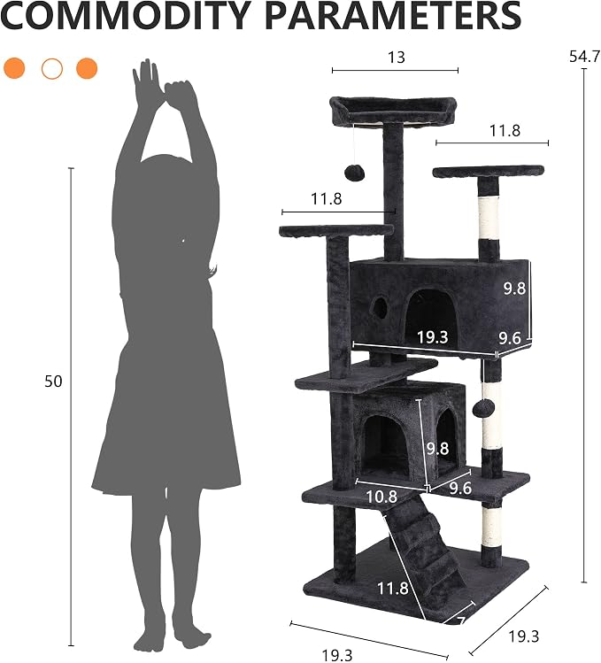 BestPet | 54" Cat Tree Tower | Dark Gray | Sturdy Multi-Level Cat Tree | with Plush Condo, Cozy Perch, Sisal Scratching Posts, Hanging Toy and Hammock | Easy Assembly | for Kittens & Adult Cats