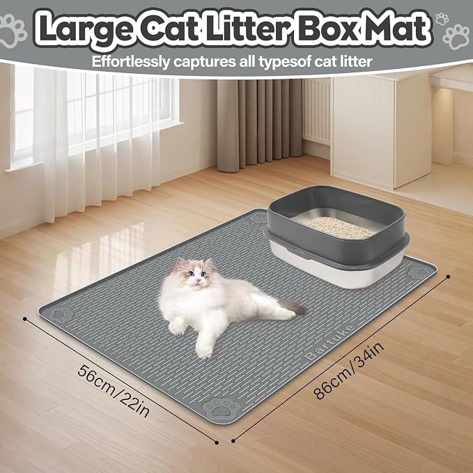 Kalolary Cat Litter Box Mats, Large 34" x 22" Silicone Cat Mat | Easy to Clean Kitty Litter Trapping Mat, Soft on Kitty Paws, Waterproof, Urine-Proof Kittys Litter Mats for Floor, Dark Grey