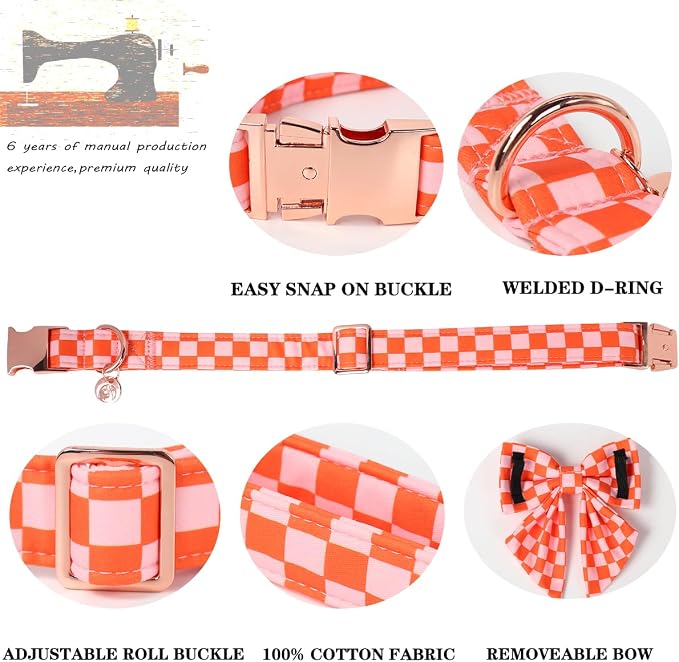 DOGWONG Orange Pink Plaid Dog Collar with Bow - Adjustable and Comfortable Autumn Dog Collar Fall Necklace for Large Medium Small Pet,S