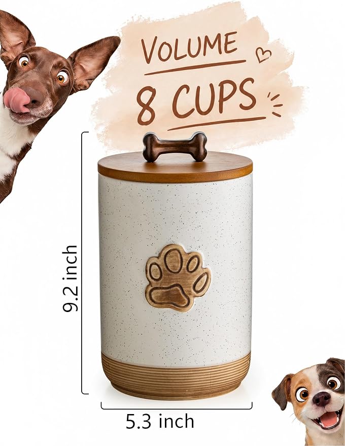 Miamolo Dog Treat Container with Lid, Ceramic Dog Treat Jar Airtight, 8 Cups Dog Food Storage Container for Countertop, Decorative Dog Cookie Jar with Hanlde, Premium Pet Gift, Paw Dotted White