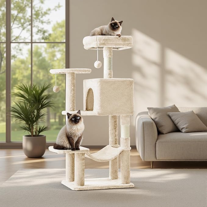 DUMOS 44 Inch Cat Tree Tower with Natural Sisal Scratching Posts | Small Cat Tree with Hammock, Pet Condo for Indoor Cats and Kittens Play, Beige