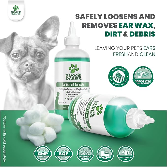 Doggie Dailies Quick Cleansing Ear Wash for Dogs with Tea Tree Oil | Tea Tree Oil & Aloe Vera Formula, Cleans FDog Ears, Removes Debris & Helps Soothe Irritated Skin, Quick Wash for Dog Ears