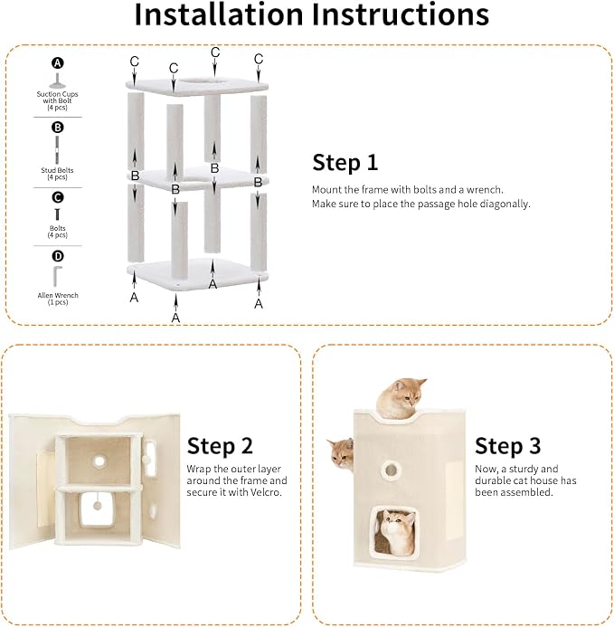 Cat House, Cat Beds for Indoor Cats, 2-Story Cat Condo Cube | Cat Bed Cave with Scratch Pad and Fluffy Ball Hanging, Multi-Level Cozy Hideout Center Ideal for Small/Medium Cats