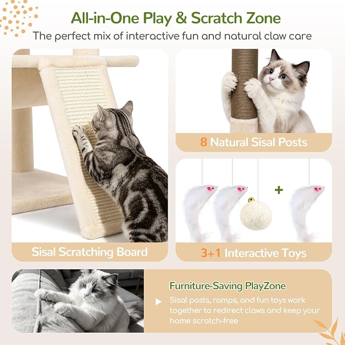 Globlazer 73in Corner Stable Cat Tree for Indoor Cats, C73, Beige | Space-Saving Multi-Level Climbing Tower, Large Fan-Shaped Condos & Top Perch, 8 Full-Sisal Posts & Board, Metal Baskets