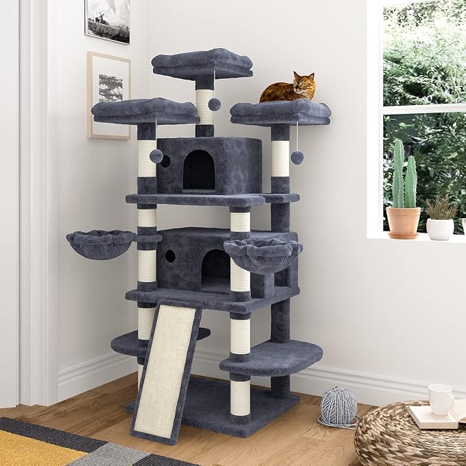 68 Inches Multi-Level Large Cat Tree for Large Kitties/Big Cat Tower with Condo/Cozy Plush Perches/Sisal Scratching Posts and Hammocks/ ‌Feline Activity Center Play House/Smoky Grey