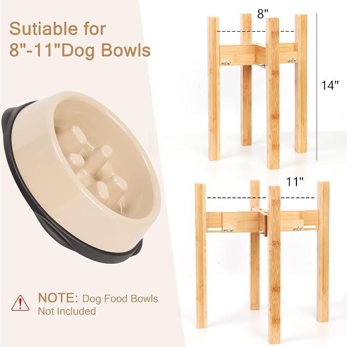 Elevated Dog Bowl Stand Adjustable Dog Food Holder 14”H Large Bamboo | 14” Elevated Dog Bowl Stand, Large Dogs, Adjustable, Fits 8”-11” Bowls, Single Bowl Holder, Natural Bamboo, Classic