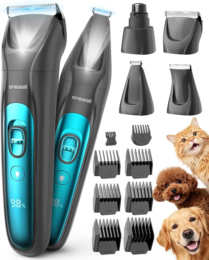 oneisall Professional 4-in-1 Dog Grooming Kit with LED Light | Quiet Clippers & Nail Grinder, Cordless, 3.7 hrs Runtime, LED Display, Safe for Paws, Face, Ears & Body