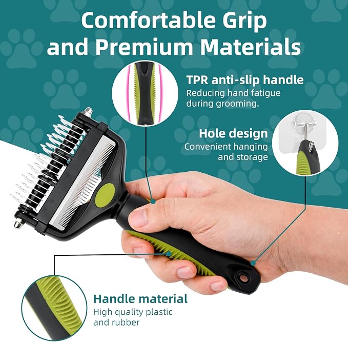 3-IN-1 Pet Grooming Tool - Undercoat Rake, Dematting Comb & Deshedding Brush for Cats, Dogs, Horses - Removes Mats, Tangles & Loose Fur, Reduces Shedding & Prevents Hair Mess (Green)