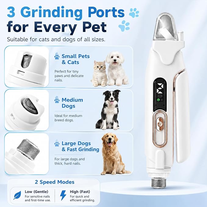 2-in-1 Dog Cat Nail Clippers & Grinder with LED Light, Pet Nail Trimmer with Splash Guard & Safety Lock, 2 Speeds USB Rechargeable Quiet Paw Nail Cutter for Large Medium Small Dogs Cats (Green)