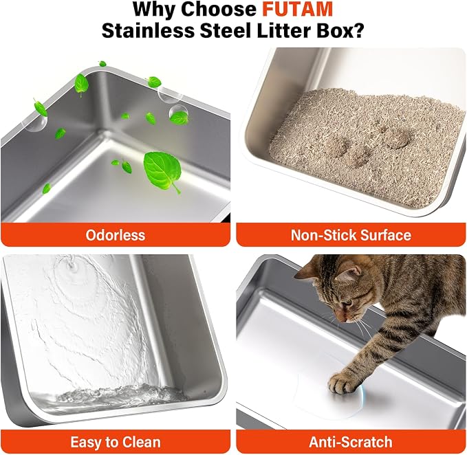 Extra Large Stainless Steel Litter Box with Lid, XL Enclosed Metal Cat Litter Pan, Front Entry Top Exit, Flip-Top, Easy Clean Leak Proof Odor Free, Includes Scoop & Mat, Grey