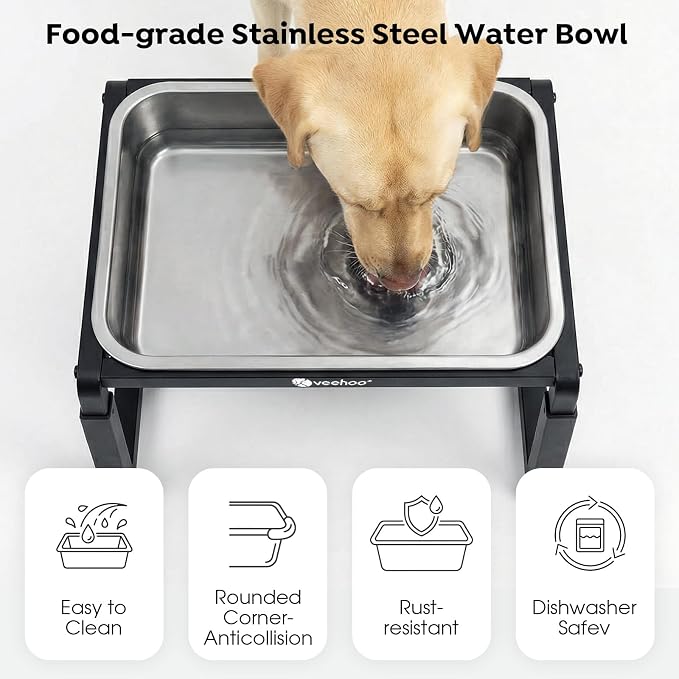 Veehoo 2.4 Gallon Elevated Outdoor Dog Water Bowl for Large Dogs | No Spill Metal Raised Dog Bowls Stand, 3 Adjustable Heights, Relief Joint Pressure, Stainless Steel Bowl, Dishwasher Safe