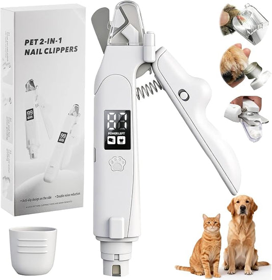 Dog Nail Clippers with Light, 2-in-1 Cat Nail Clippers - Electric Rechargeable Pet Nail Grinder Trimmer with LED Light & Safety Guard, Cordless for Small Medium Dogs Cats