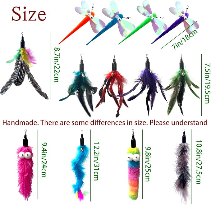 AcceLeah Cat Worm Toy Refills Cats Teaser Toys Wand Replacement Cat Wand Attachments 13Pcs Cat Worms and Dragonfly Refill,Cat Wand Toy Assorted Teaser Refills with Bell (13Pcs)