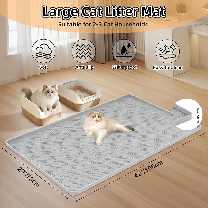 Silicone Cat Litter Mat 42" x 29" Cat Mat for Litter Box, Light Grey | Extra Large Cat Litter Trapping Mat for Floor, Waterproof, Non-Slip Kitty Litter Box Mat with Raised Edge, Easy to Clean