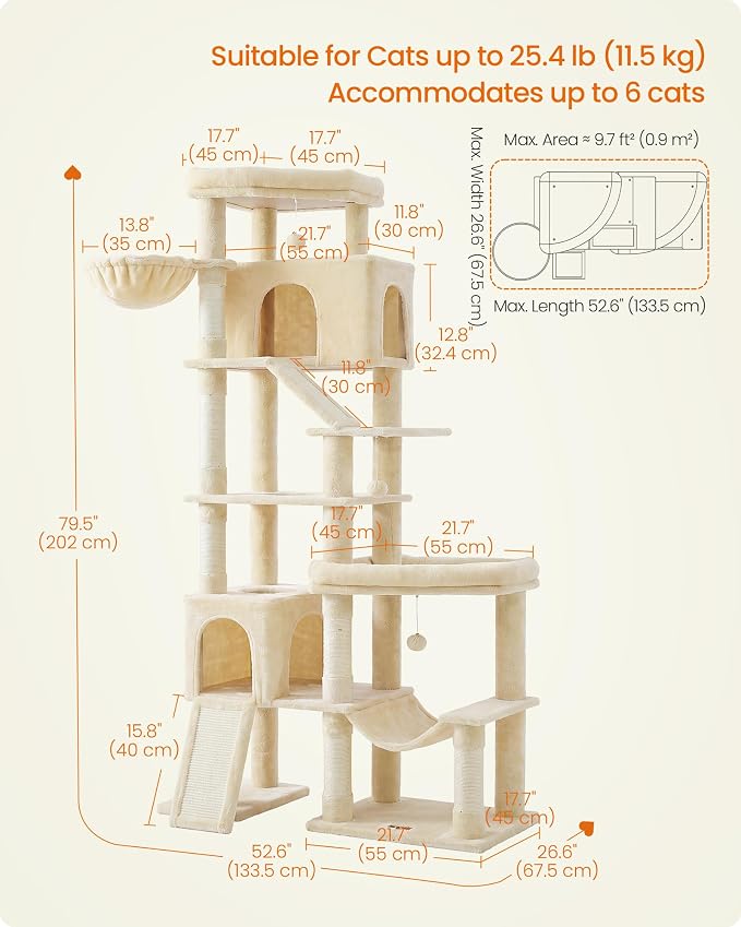 Feandrea Multi-Level Cat Tree for Large Cats, 79.5 inch Tall Cat Tower with 6 Resting Areas and Sisal Scratching Posts, 41.3 x 17.7 x 79.5 inch, Beige Clawfy Collection UPCT020Y101