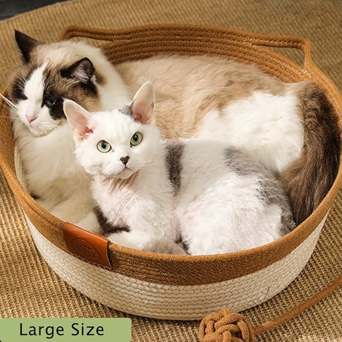 Handwoven Cotton Rope Cat Bed - Breathable & Easy to Clean, Foldable Scratchable Hammock with Cat Ear Design, with a Playing Ball for Kittens - Large Brown