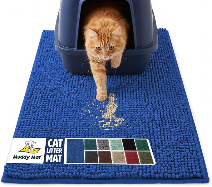 Muddy Mat® | Large Cat Litter Mat 36"x60", Litter Trapping Mat, Super Absorbent Scatter Control, Soft on Paws, Slip Resistant Washable Litter Mat, Traps Litter, Protects Floors, Navy Blue