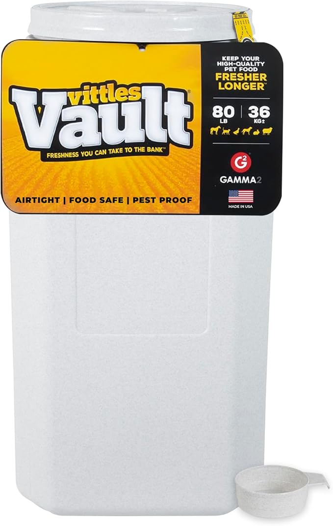 Vittles Vault Traditional Pet Food Storage Container For Dog Kibbles/Bird Seed/Oatmeal/Rice/Flour/Cereal, BPA Free Plastic, Sealed Airtight For Cat Food, Up To 80 lb, Made in USA, With Scoop, Gray