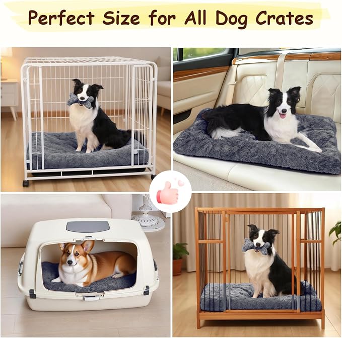 Washable Dog Bed for Small to Large Dogs, Calming Anti Anxiety Medium Dog Bed, Deluxe Plush Faux Fur Crate Beds, Comfy Fluffy Kennel Pad Pet Mat with Non-Slip Bottom, 36"x27", Dark Grey