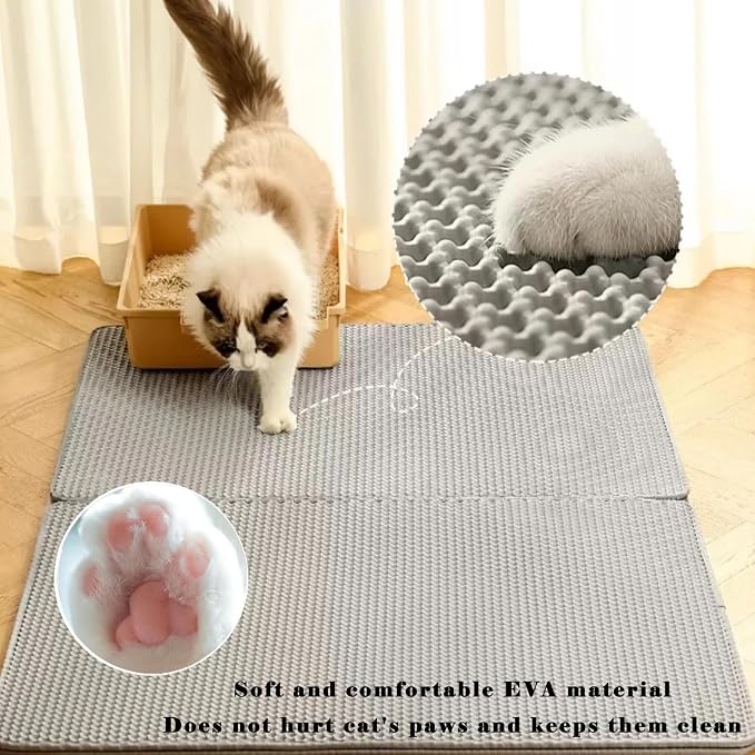 HCY&WLD Cat Litter Mat, Honeycomb Double Layer Litter Trapping Mat | Safe Materials, Soft on Paws, Waterproof Urine Proof Non-Slip, Protects Floors, Less Waste, Easy to Clean, Gray, 24" x 18"