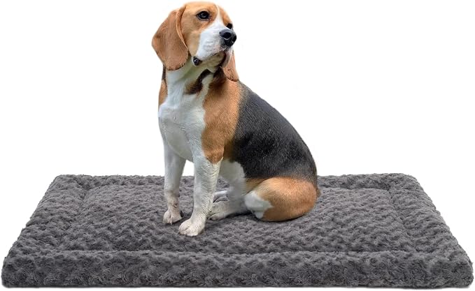 Exsnugy Washable Dog Bed Mat Medium Size Fluffy Pet Crate Pad 36x23 | Non-Slip Bottom Kennel Beds Ultra Soft Comfy Sleeping Mattress for Large Medium Small Dogs Gray