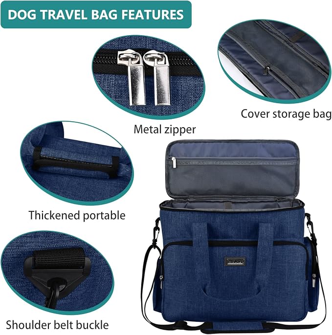 BAGLHER Dog Travel Bag, Pet Travel Bag (ALL Pet Travel Supplies), With 2 Pet Food Containers and 2 Collapsible Silicone Bowls; Essential Kits for Pet Travel Dark Blue