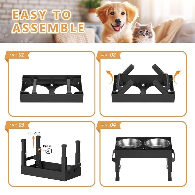 Elevated Dog Bowls Stand Large Breed, Height Adjustable Raised Dog Bowls Holder with 2 Stainless Steel Food Bowls for Small, Medium and Large Canine，Black