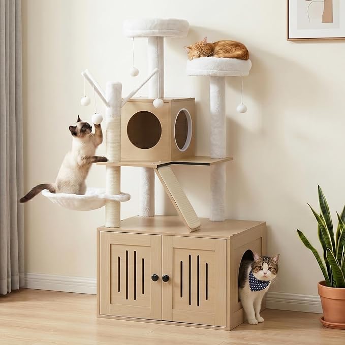 VINGLI Cat Tree Tower with Litter Box, 54" H All-in-1 Wooden Cats Condo, Cat Tower wih Scratching Posts, Houses for Indoor Kittens Hidden Cat Washroom Furniture (Light Brown Cabinet)
