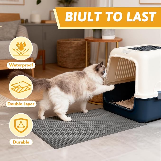 Pieviev Double Layer Cat Litter Mat Traps Scattered Litter 24''x15'' 2 Pack | Waterproof Urine Resistant Layer Litter Box Mat, Easy Collection, Soft on Kitty Paws, Gray Color for Indoor Cats