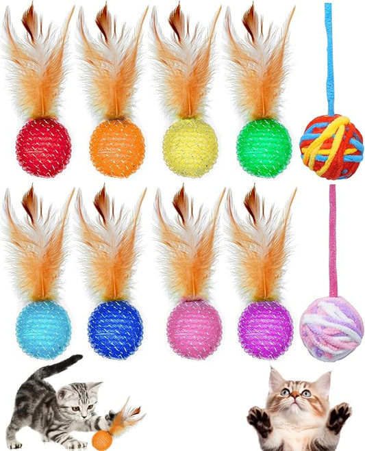 PET SHOW 10 Pack Cat Toys - Woolen Yarn Cat Balls, Interactive Mesh Feather Ball, String Toy for Indoor Cats, Chase Training Activity for Kittens