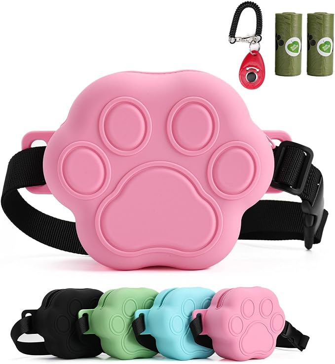 Dog Treat Pouch with Training Clicker and 2 Poop Bags, 1.8 Cup Small Sealable Zipper Silicone Fanny Pack with Waist Belt, Pet Puppy Training & Walking Essentials (Pink)