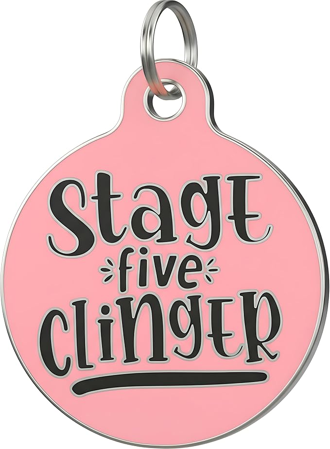 Bad Tags Personalized Dog and Cat ID Tags in 25+ Designs and 2 Sizes - 5 Lines of Custom Engraved Text - Funny Cute Personalized Pet Tags (Stage Five Clinger - Pink, Large (1.25 inch))