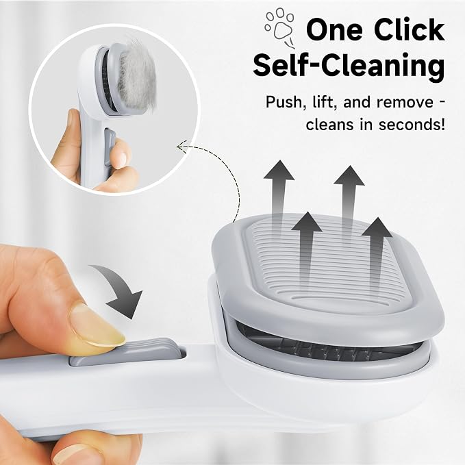 Cat Brush for Shedding for Indoor Cats & Dogs Shedding & Grooming | Self Cleaning Grooming Brush with Release Button, Smooth & Detangling, Grooming Comb for Cats Long & Short Haired Pets, Grey