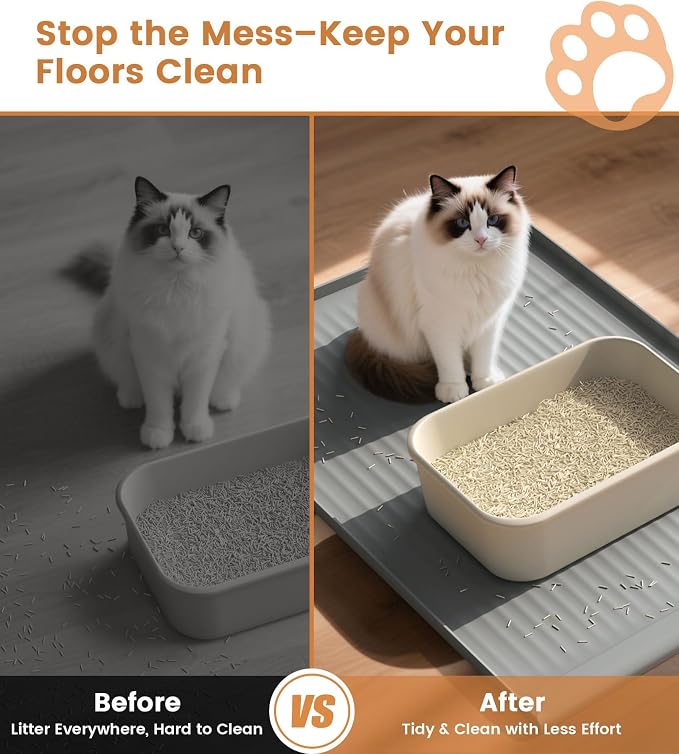 Cat Litter Mat 36"x24", Waterproof Litter Trapping Mat, Grey | Raised Edges Prevent litters, Diversion Grooves, Non-slip Backing, Easy to Clean