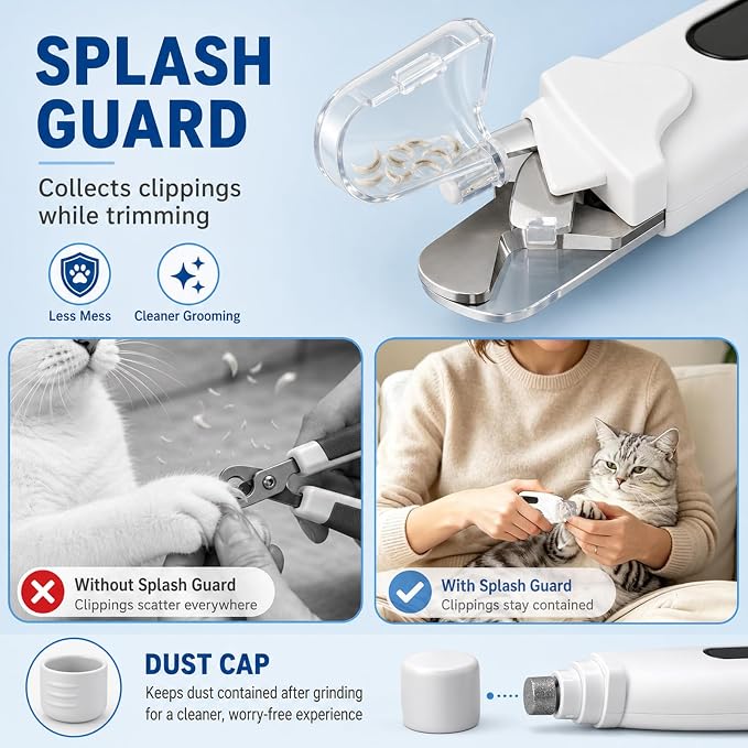 2-in-1 Dog Cat Nail Clippers & Grinder with LED Light, Pet Nail Trimmer with Splash Guard & Safety Lock, 2 Speeds USB Rechargeable Quiet Paw Nail Cutter for Large Medium Small Dogs Cats (White)