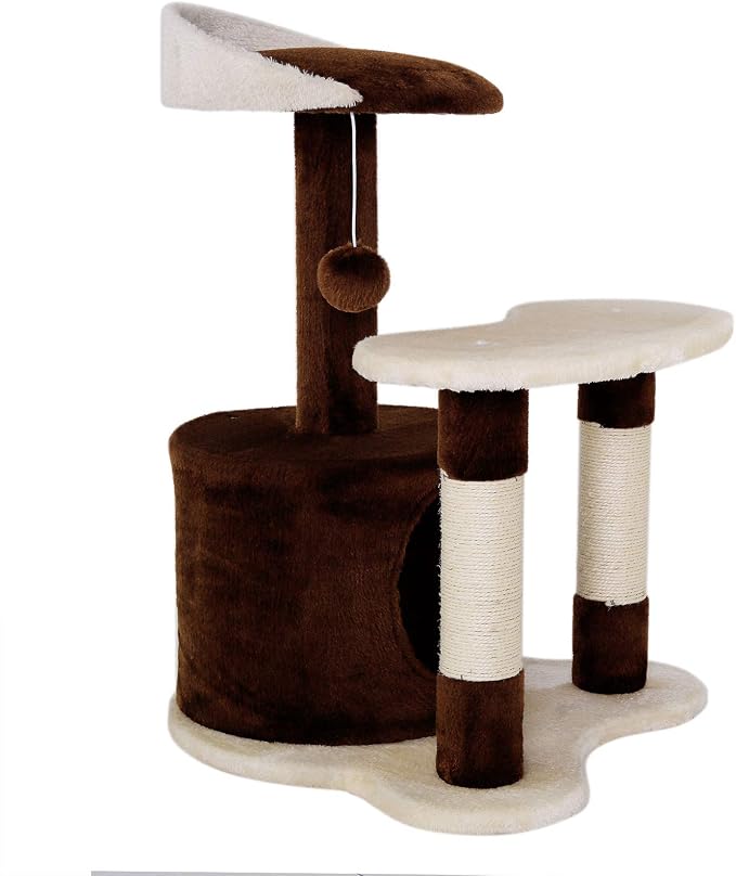 lionto Scratching Tree for Cats with cave & Plush Ball, Height 25,6 in, Medium-Sized cat Tree with Robust sisal & Plush, Cozy Lying Area & cave, Suitable for Small and Large Cats, Brown/Beige