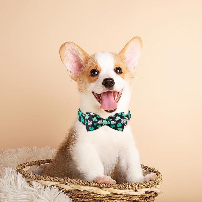 ·MR. CHUBBYFACE· St.Patrick's Clover Dog Collar with Bowtie, White Green Clovers Shamrock Pet Collar with Metal Buckle, Soft Adjustable Puppy Collar for Small Medium Large Dogs